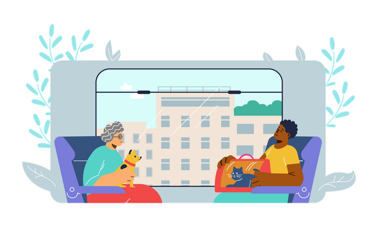 People traveling with pets travelling in train  Illustration
