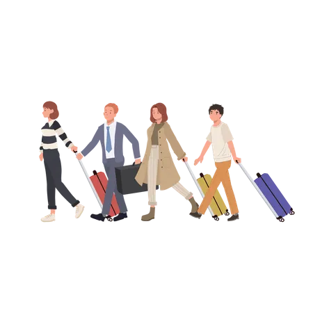 Airport Adventure Travel Themed Concept People Traveling With Suitcases Flat Vector Cartoon Illustration Illustration