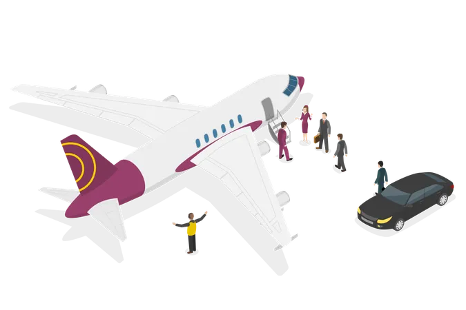 3 D Isometric Flat Vector Conceptual Illustration Of Private Jet Luxury Airplane And Limousine Car Standing On Runway Illustration