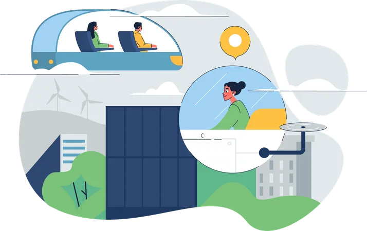 People travelling in smart train  Illustration