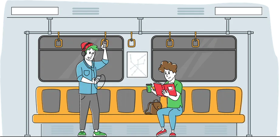 Male And Female Characters In Underground Urban Metro Man Listen Music Woman Reading In Subway Train Interior With Citizen People Use Public Transport For Moving Linear People Vector Illustration イラスト