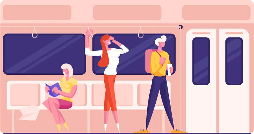 Male And Female Characters In Underground Urban Metro Subway Train Interior With Tourists With Baggage And Native Citizens People Using Public Transport For Moving Cartoon Flat Vector Illustration 일러스트레이션