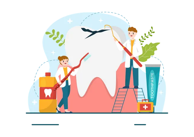 Dental Care Vector Illustration With Dentist Treating Human Teeth And Cleaning Using Medical Equipment In Healthcare Flat Cartoon Background Design イラスト