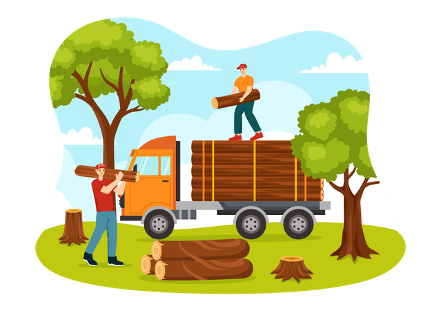 People Tree Cutting and Timber with Truck  일러스트레이션