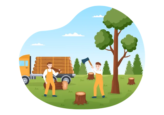 People Tree Cutting and Timber with Truck Illustration