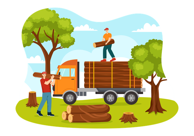 People Tree Cutting and Timber with Truck  Illustration