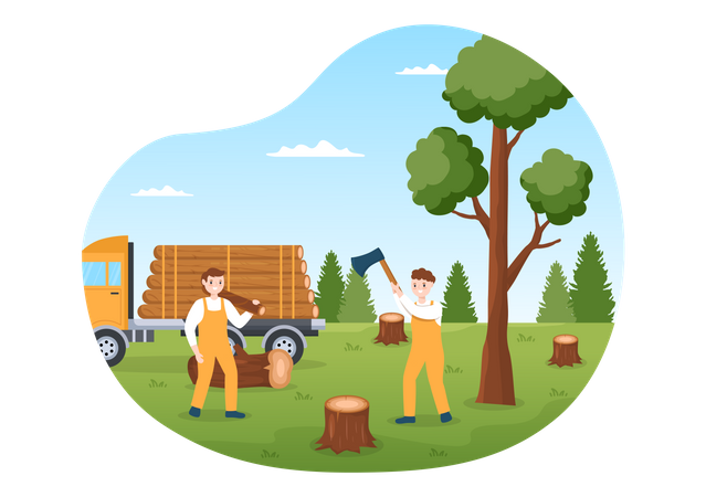 People Tree Cutting and Timber with Truck  Illustration