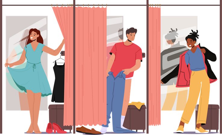 People trying on clothes in changing room  Illustration