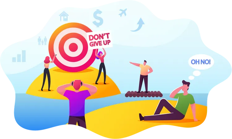 People Trying To Achieve Distant Goal Male Or Female Characters Looking On Target Through Binoculars Floating On Raft Throw Darts Into Remote Aim Motivation Challenge Cartoon Vector Illustration Illustration