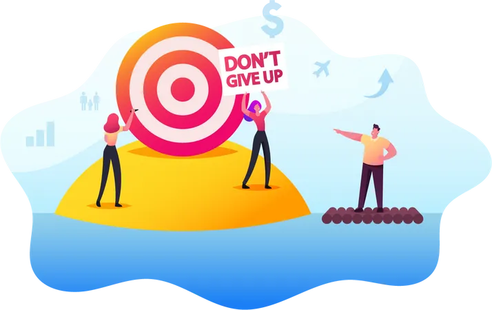 Motivation Challenge People Trying To Achieve Distant Goal Male And Female Characters Floating On Raft Throw Darts Into Remote Aim Woman With Banner Dont Give Up Cartoon Vector Illustration Illustration