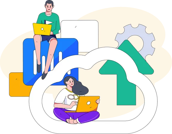 People upload data on cloud  Illustration