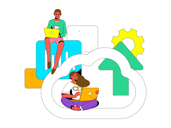 People upload data on cloud  Illustration