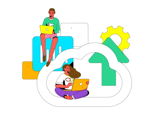 People upload data on cloud  Illustration