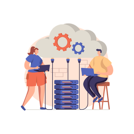 People uploading data to cloud server  Illustration