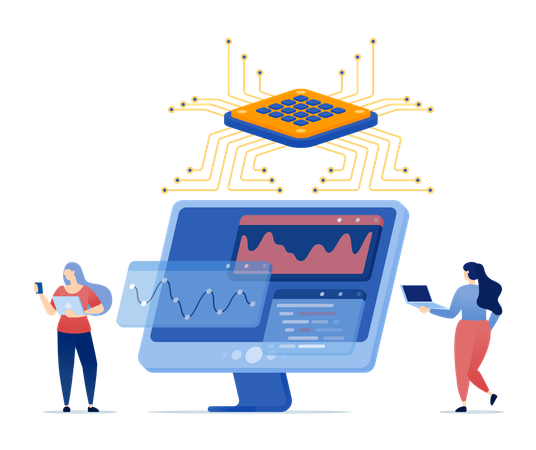 People use chips to process data on monitor screens with help of AI for analysis and strategy purposes for financial and accounting needs of companies  Illustration