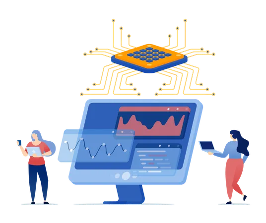 People use chips to process data on monitor screens with help of AI for analysis and strategy purposes for financial and accounting needs of companies  Illustration