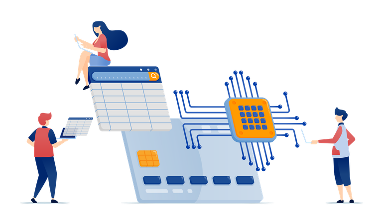 People use financial services for shopping and payments with credit cards using AI technology and chip networks as security  Illustration