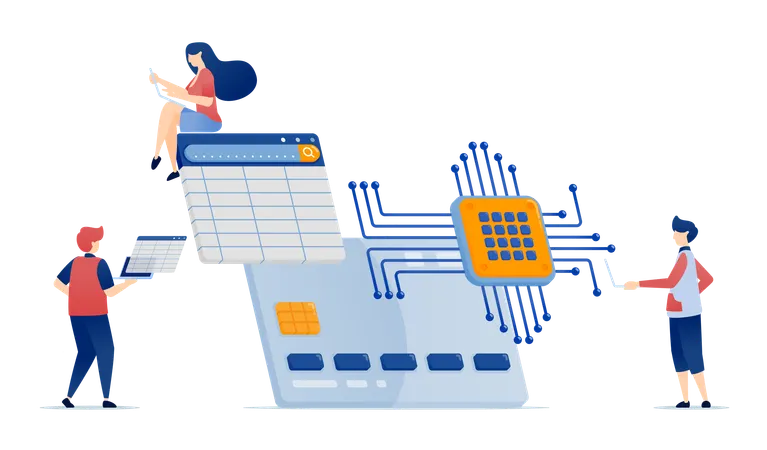 People use financial services for shopping and payments with credit cards using AI technology and chip networks as security  Illustration