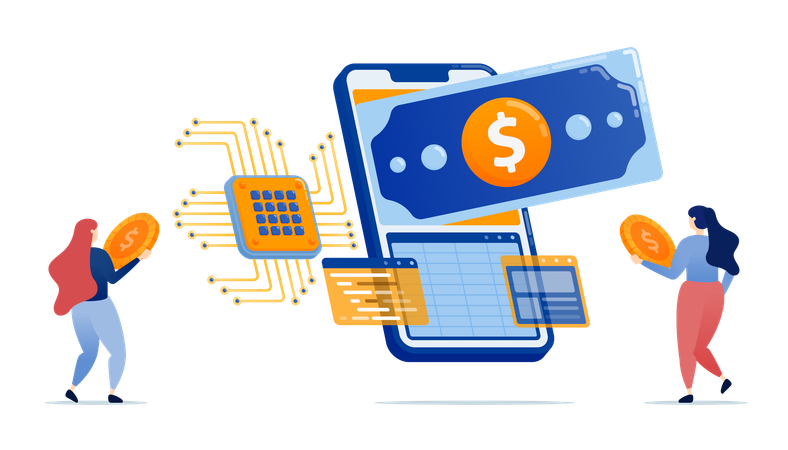 People use mobile apps for financial and accounting services with spreadsheets and network security technologies based on chips and AI  Illustration