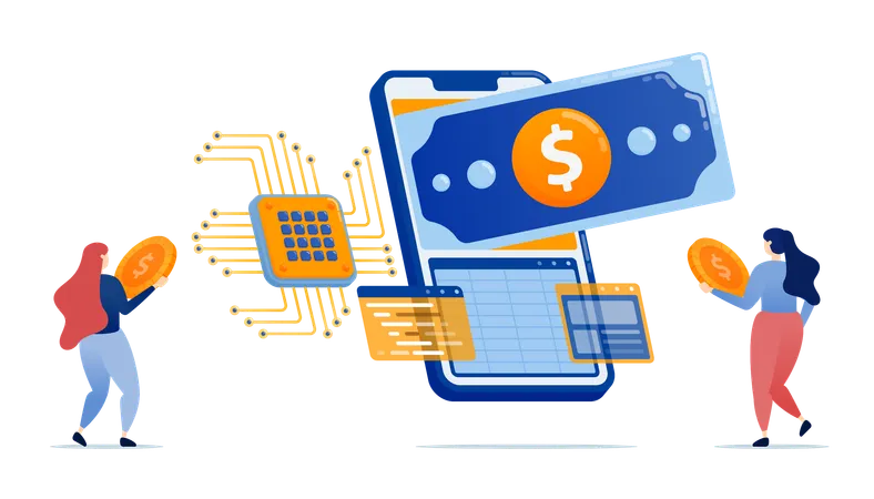 People use mobile apps for financial and accounting services with spreadsheets and network security technologies based on chips and AI  Illustration