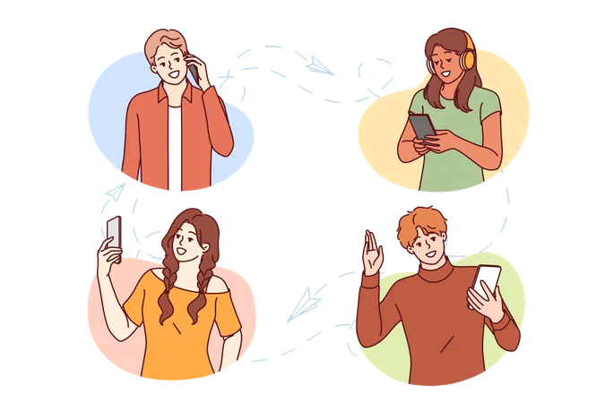 People Use Mobile Phones To Make Calls And Exchange Messages Or Video Communications Via Internet Messengers Young Men And Women With Phones Or Smartphones Visit Online Chat Apps 일러스트레이션