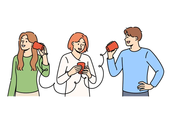 People Use Telephone Made Of Cups And Ropes Eagerly Exchanging Information Through Makeshift Telegraph Homemade Telegraph In Hands Of Happy Students Sharing Gossip And Rumors With Each Other Illustration