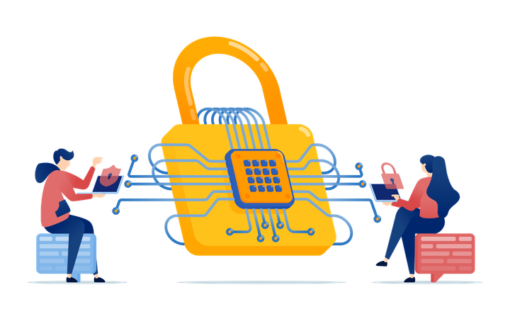 People use security systems with networks based on chip technology and AI  Illustration
