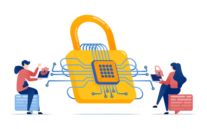 People use security systems with networks based on chip technology and AI  Illustration
