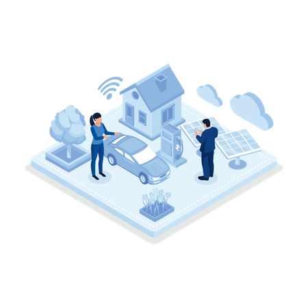 People use smart technology and renewable energy  Illustration