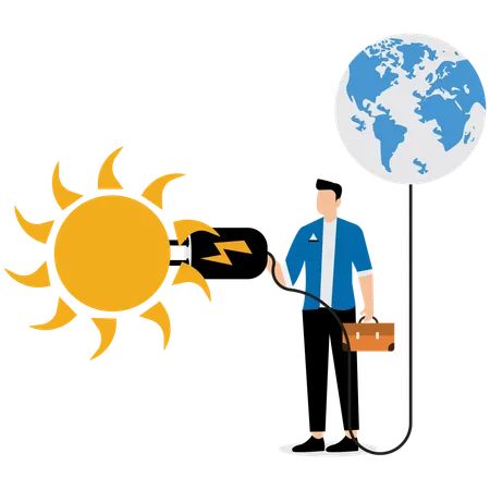 People use sun to charge earth  Illustration