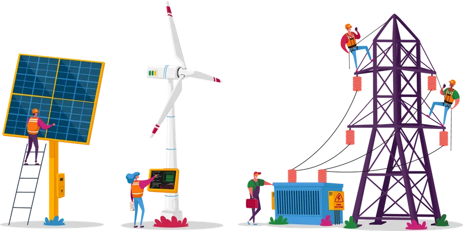 Characters Use Sustainable Energy Environmental And Ecology Protection New Technologies Integration Into Human Life Solar Panels And Windmills For Green Energy Cartoon People Vector Illustration Illustration