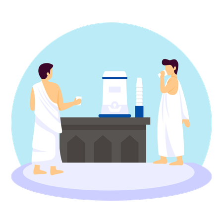 People Using A Water Cooler And Glass For Zamzam Water In Makkah  Illustration