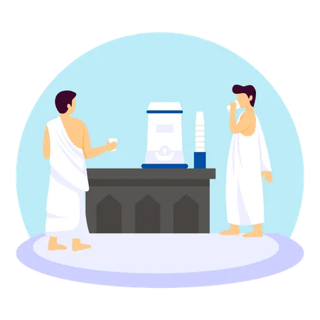 People Using A Water Cooler And Glass For Zamzam Water In Makkah  Illustration