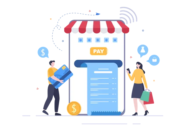 Mobile Store Or Shopping Online In Application Vector Illustration Digital Marketing Promotion Payment And Purchase Via Credit Card For Poster Illustration