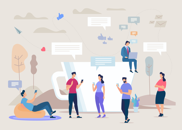 People Using Cellphones, Businessman Working on Laptop, Messaging with Friend, Colleagues Online, Following, Communicating in Social Network  일러스트레이션