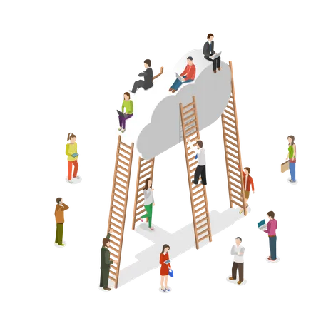 Cloud Storage Isometric Vector Concept People Are Walking Near The Cloud Some Of Them Try To Climb Up To The Cloud With Ladder Some Are Sitting On The Cloud Illustration