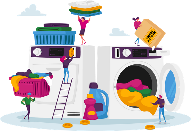 People using coin laundry machine Illustration