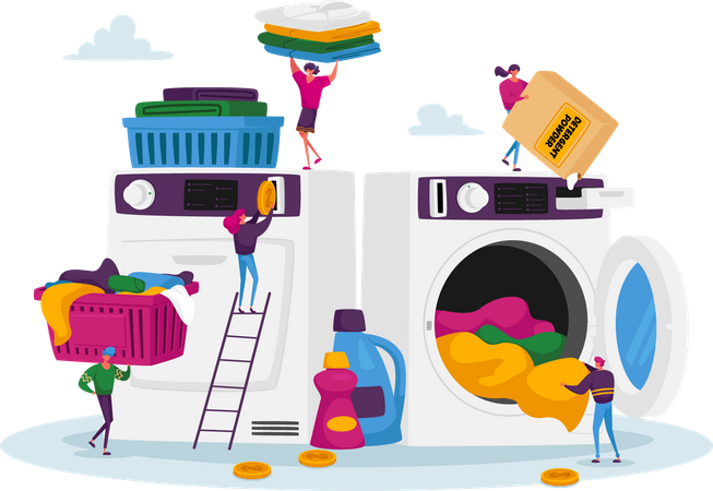 People using coin laundry machine  Illustration