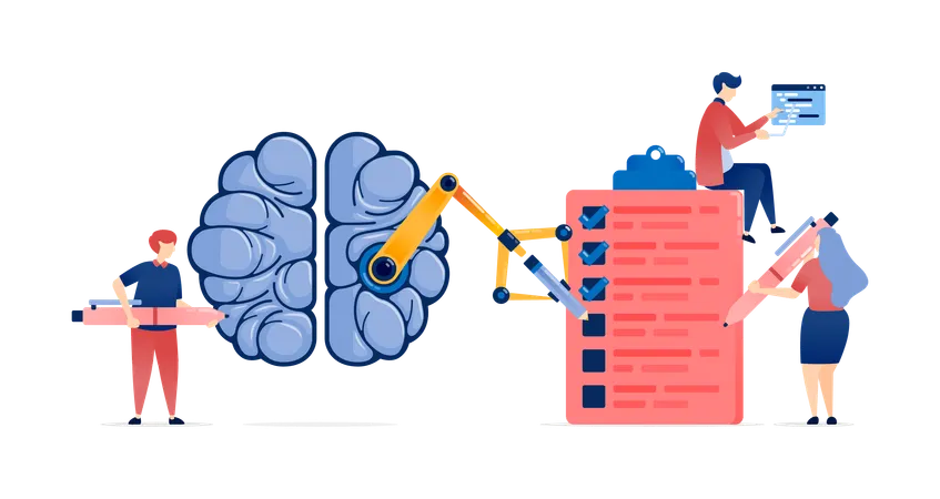 サイボーグロボットアームを使ってアンケートに答える人々  イラスト