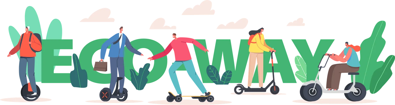 Eco Way Concept Characters Riding Electric Transport Scooter Hoverboard And Monowheel Skateboard Eco Friendly Transportation For City Poster Banner Or Flyer Cartoon People Vector Illustration Illustration