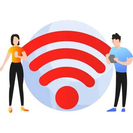 Boy And Girl Using WIFI イラスト