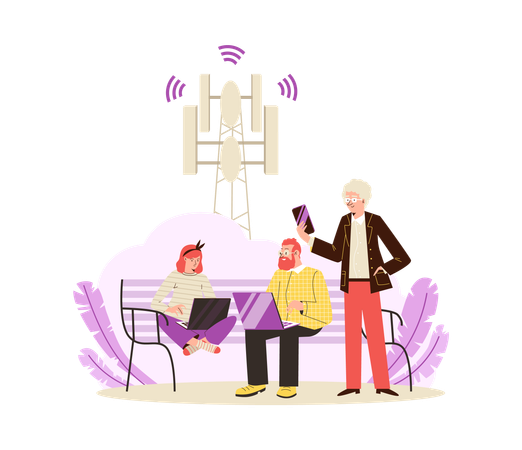 5Gタワーのインターネット信号を使用している人々  イラスト
