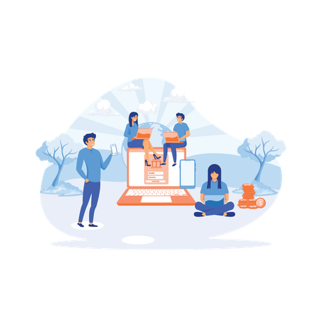 People using laptop and mobile smart phone for online banking and accounting.  Illustration