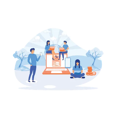 People using laptop and mobile smart phone for online banking and accounting.  Illustration