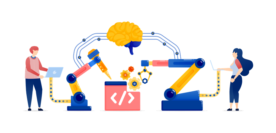 People Using Machines Assisted by AI Brains to Enhance Production Tools  Illustration
