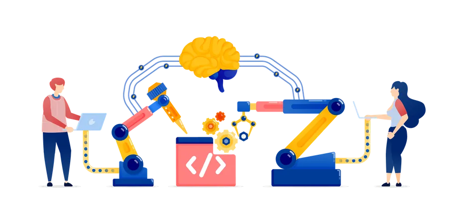People Using Machines Assisted by AI Brains to Enhance Production Tools  Illustration