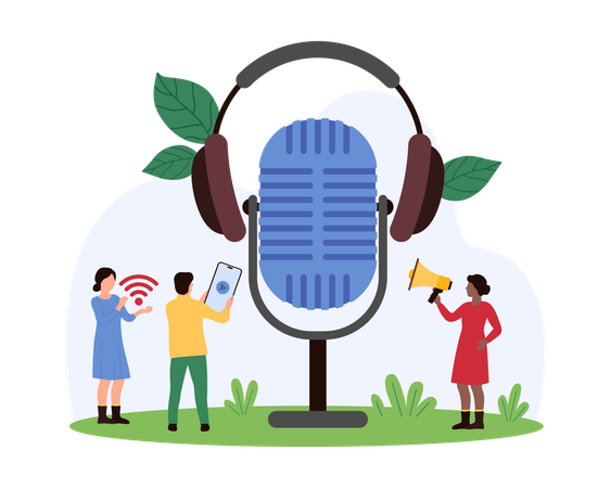 People using microphone and headphone to record audio  Illustration