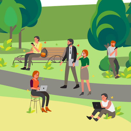 People using mobile and laptop in park Illustration