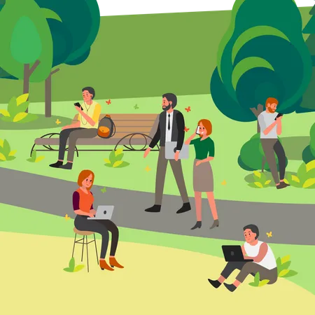 People using mobile and laptop in park  Illustration