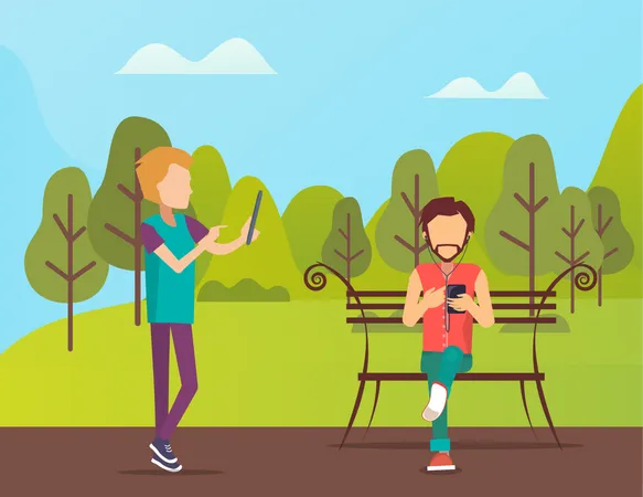 People using mobile in Park  Illustration